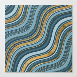 Geometrical navy blue teal gold retro wavy lines Canvas Print