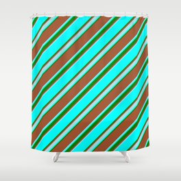 [ Thumbnail: Sienna, Powder Blue, Aqua & Green Colored Stripes Pattern Shower Curtain ]