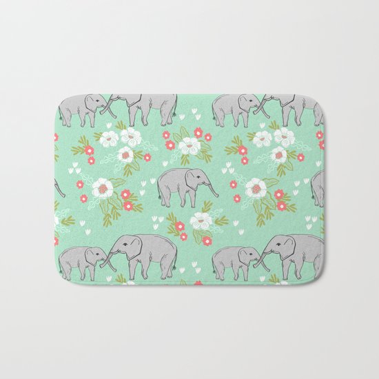 Elephants pattern mint blue with florals cute nursery baby animals lucky gifts Bath Mat