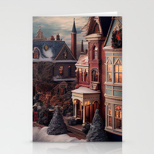 Idyllic storybook Victorian cottage and Queen Anne village winter nightscene landscape painting by Prompart Stationery Cards