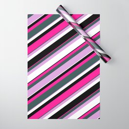 [ Thumbnail: Eyecatching Deep Pink, Dark Slate Gray, Plum, White & Black Colored Lines Pattern Wrapping Paper ]