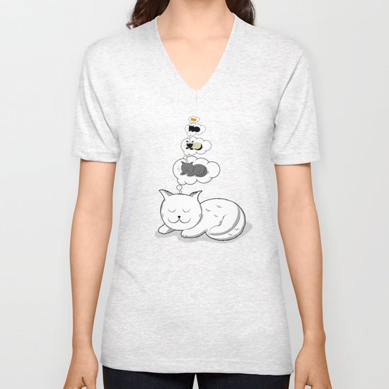 A cat dreaming of a cat that dreams of dreaming of a cat that dreams of dreaming of a cat. Unisex V-Neck