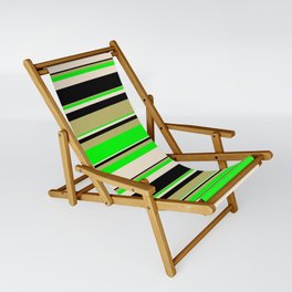 [ Thumbnail: Dark Khaki, Lime, Beige, and Black Colored Striped Pattern Sling Chair ]