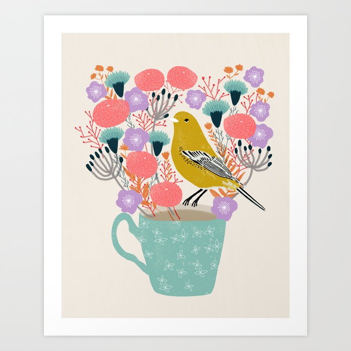 Bird and Flowers - Warbler by Andrea Lauren Art Print