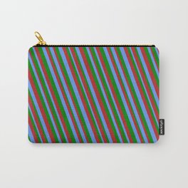 [ Thumbnail: Cornflower Blue, Green & Red Colored Stripes Pattern Carry-All Pouch ]