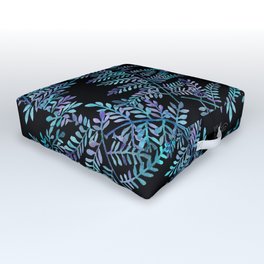 Watercolor Ferns Pattern - Turquoise & Purple on Black Outdoor Floor Cushion