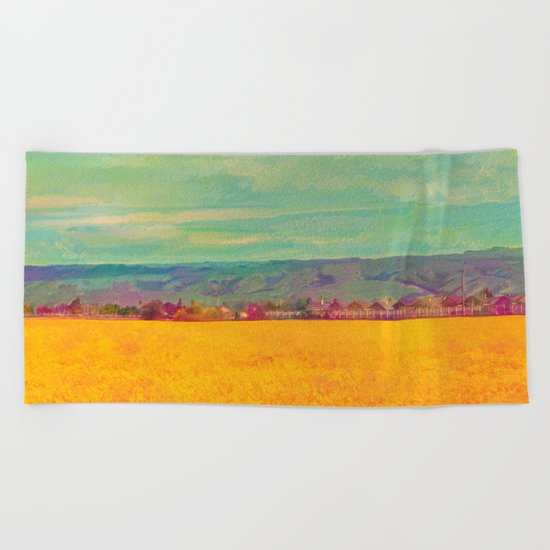 Teal Sky, Indigo Mountains, Mustard Plants, Colorful Houses Beach Towel