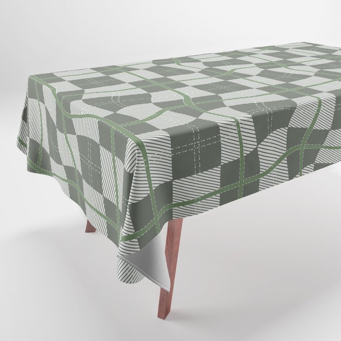 Warped Checkerboard Grid Illustration Green Gray Tablecloth