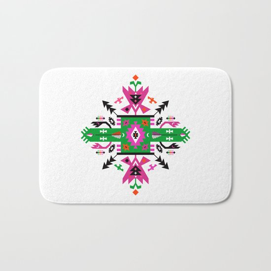Fuchsia and Green Ethnic Aztec Ornament Bath Mat