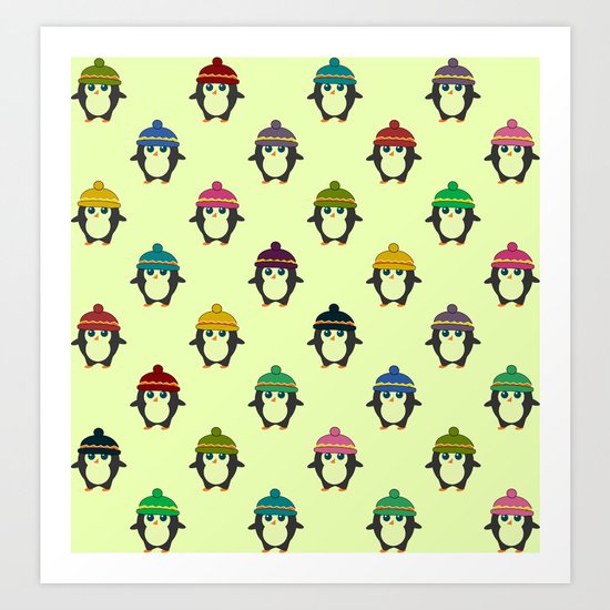 Penguins with colorful beanies Art Print