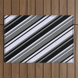 [ Thumbnail: Dim Gray, Black & Lavender Colored Stripes Pattern Outdoor Rug ]