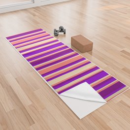 [ Thumbnail: Tan, Dark Violet, Purple, and Salmon Colored Striped Pattern Yoga Towel ]
