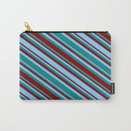 [ Thumbnail: Light Sky Blue, Dark Cyan & Maroon Colored Lined Pattern Carry-All Pouch ]