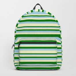 [ Thumbnail: Light Yellow, Green, and Light Blue Colored Lined/Striped Pattern Backpack ]