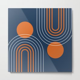 Mid Century Modern Geometric 111 in Navy Blue and Vintage Orange (Rainbow and Sun Abstraction) Metal Print | Zen, Midcentury, Modern, Line, Yoga, Classy, Navyblue, Fullmoon, Trendy, Pattern 