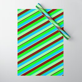 [ Thumbnail: Maroon, Lime, Deep Sky Blue, and Green Colored Stripes Pattern Wrapping Paper ]