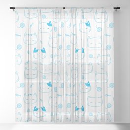 Turquoise Doodle Kitten Faces Pattern Sheer Curtain