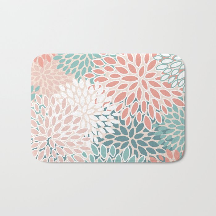 Modern Flowers Print, Coral, Pink and Teal Bath Mat