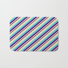 [ Thumbnail: Indigo, Tan, and Turquoise Colored Striped/Lined Pattern Bath Mat ]