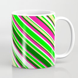 [ Thumbnail: Eye-catching Deep Pink, White, Lime, Tan & Dark Green Colored Lined/Striped Pattern Coffee Mug ]