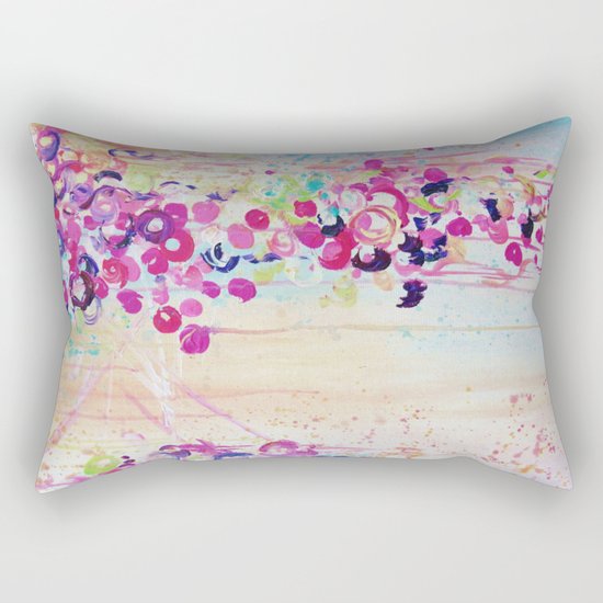 DANCE OF THE SAKURA - Lovely Floral Abstract Japanese Cherry Blossoms Painting, Feminine Peach Blue Rectangular Pillow