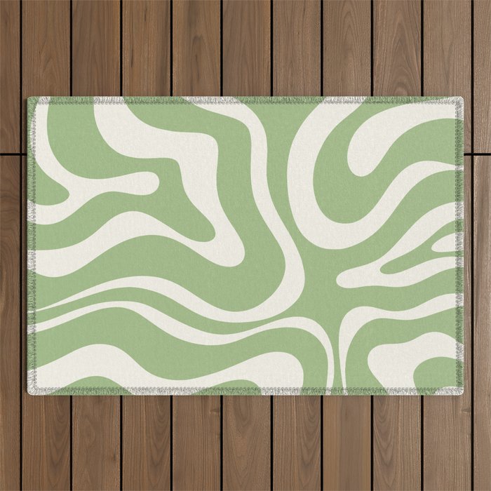 Modern Liquid Swirl Abstract Pattern in Light Sage Green and Cream Outdoor Rug