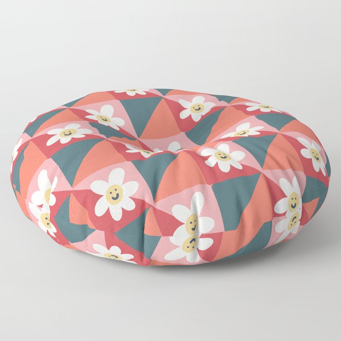 Geometric Retro Happy Baby Flowers - Dark Green Navy Pink Red Coral Floor Pillow