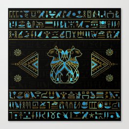 Egyptian Cats Gold and blue stained glass Canvas Print