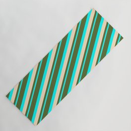 [ Thumbnail: Dark Olive Green, Cyan & Bisque Colored Lined Pattern Yoga Mat ]