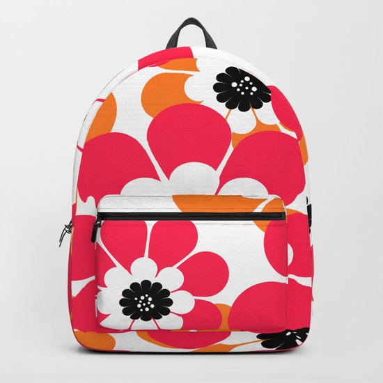 The floral pattern . red and yellow on a white background . Backpack