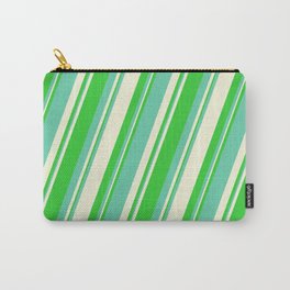 [ Thumbnail: Lime Green, Aquamarine & Beige Colored Stripes/Lines Pattern Carry-All Pouch ]