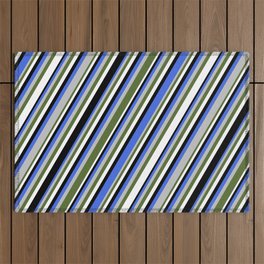[ Thumbnail: Eye-catching Royal Blue, Grey, Dark Olive Green, White & Black Colored Lines Pattern Outdoor Rug ]