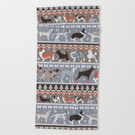 Fluffy and bright fair isle knitting doggie friends // grey and taupe brown background brown orange white and grey dog breeds  Beach Towel