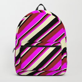 [ Thumbnail: Brown, Fuchsia, Light Yellow, and Black Colored Lines Pattern Backpack ]