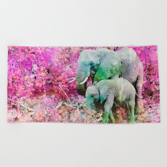 Elephant art mother child pink floral Beach Towel