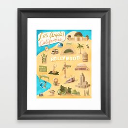 Illustrated city landmarks of Los Angeles, California Framed Art Print