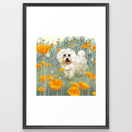 WHITE DOG in GARDEN Framed Art Print