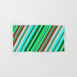 [ Thumbnail: Colorful Brown, Light Grey, Cyan, Dark Green, and Green Colored Stripes Pattern Hand & Bath Towel ]