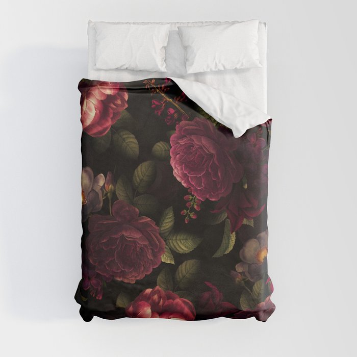 Midnight Vintage Shiny Botanical Rose Garden Duvet Cover