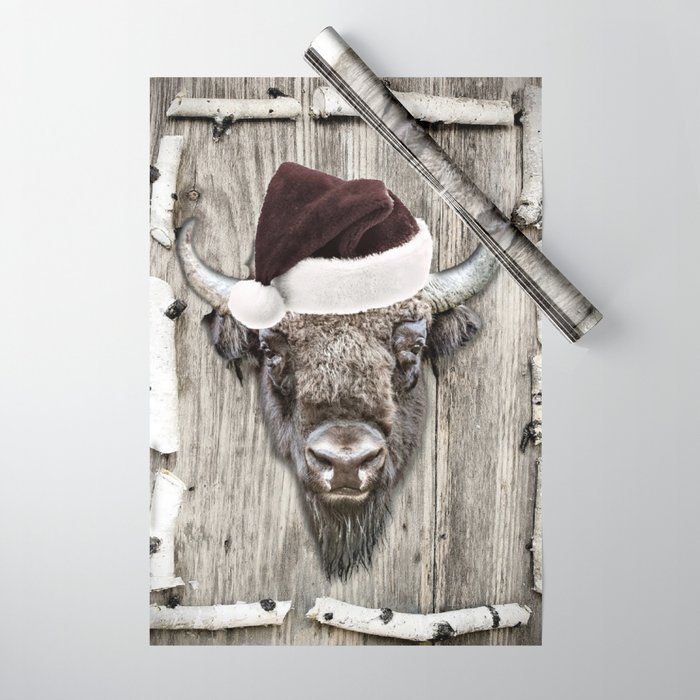 Christmas Bison, Christmas Buffalo, Rustic Cabin Christmas Wrapping Paper  by Artistic Environments