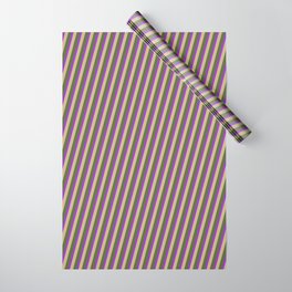 [ Thumbnail: Dark Orchid, Tan & Dark Olive Green Colored Lined Pattern Wrapping Paper ]