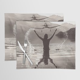 Water wings plane landing on mountain lake female portrait black and white photograph - photography - photographs Placemat