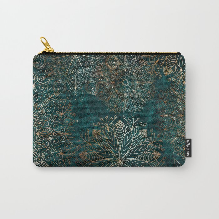 Gold & Teal Flowers & Leaves Floral Mandala Pattern  Carry-All Pouch