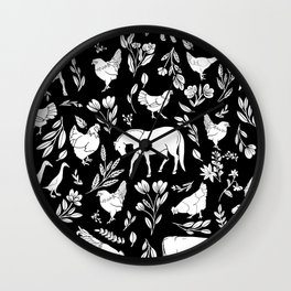 Modern Folk Art Horse Pattern with Botanicals and Chickens Wall Clock