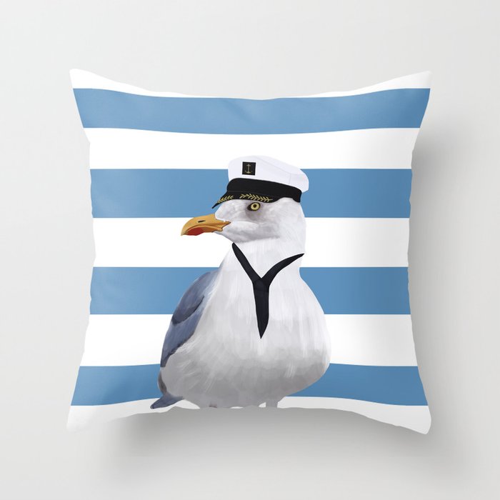 Captain Seagull on blue stripes Throw Pillow