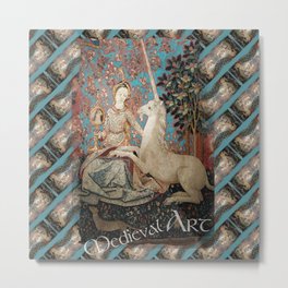 Medieval Art - Lady and the Unicorn in Turquoise 2 Metal Print
