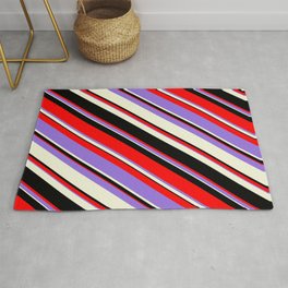 [ Thumbnail: Red, Purple, Beige & Black Colored Pattern of Stripes Rug ]
