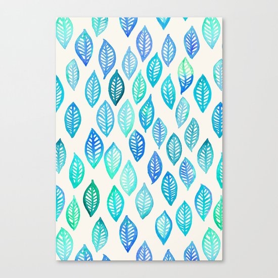 Watercolor Leaf Pattern in Blue & Turquoise Canvas Print