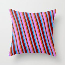 [ Thumbnail: Deep Sky Blue, Dark Red, Chocolate & Violet Colored Lines/Stripes Pattern Throw Pillow ]
