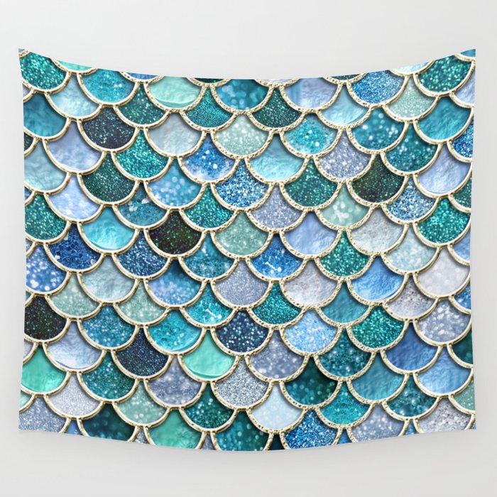 Multicolor Aqua Mermaid Scales - Beautiful Abstract Glitter Pattern Wall Tapestry